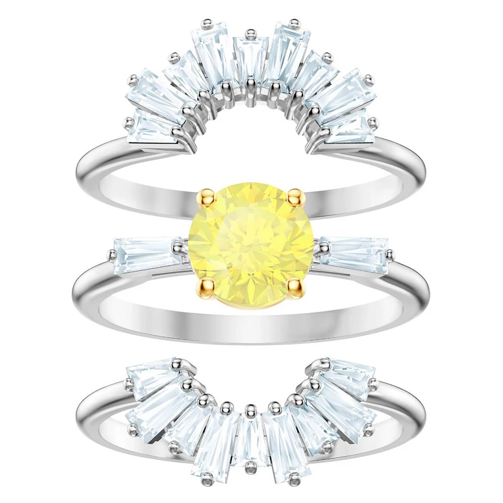 

MULIER 2019 SUNSHINE Ring Set Wild Elegant Three-in-One Ring Set Golden Yellow Glamorous Crystal for Girlfriend Fashion Jewelry