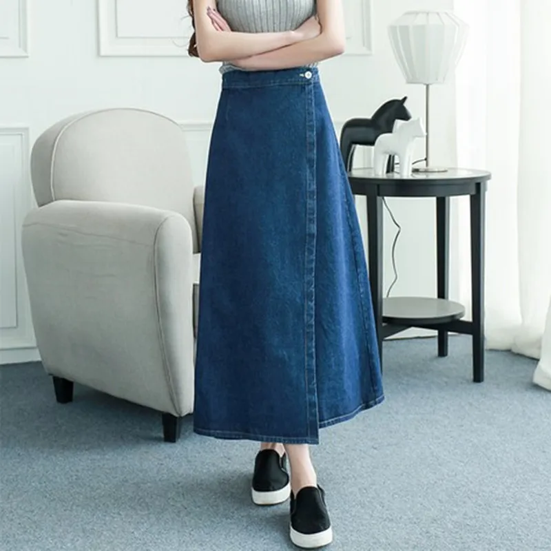 

Free Shipping 2018 New Fashion Long Maxi A-line Skirts Women High Waist Spring And Autumn Denim Jeans Skirts With Slit S-L
