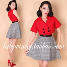 2015 New Autumn Elegant Vintage Red Jacket And Plaid Dress Suit Fashion Short Sleeve Wool Blend 2 Piece Set Women Clothing 0.8