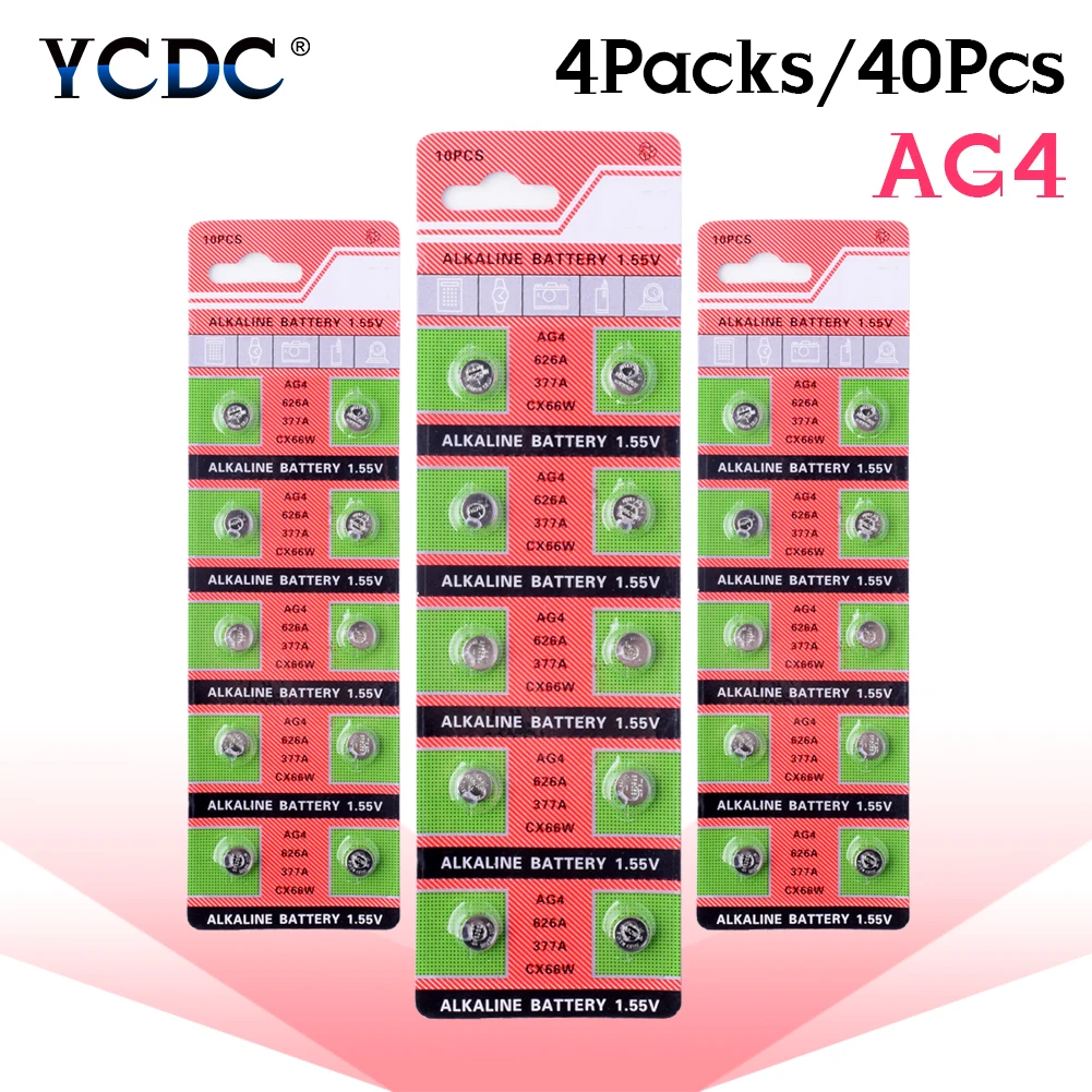 YCDC 40 шт./партия Pilha Ag4 щелочной кнопка ячейки 1,55 v ворс батарейки для часов 377 377A AG4 D377 GP377 L626 LR626 SR626 SR626SW