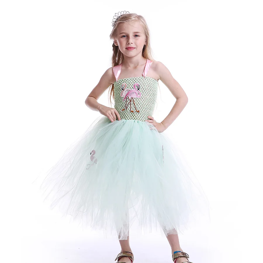 Kids Flamingo Pattern Tutu Dress Summer Girls Princess Ankle Length Tulle Clothes (4)
