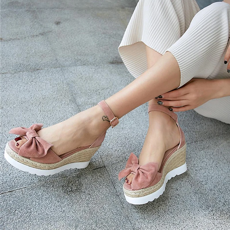 

Fashion 2019 Kid Suede Wedge High Heels Bowtie Summer Sandals Woman Sweet Platform Luxury Summer Sandals Ladies Shoes Woman