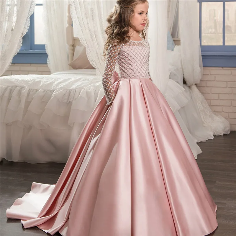 

New Long Sleeve First Communion Dresses O-neck with Bow Sash Flower Girl Dresses Ball Gowns Custom Made Vestidos