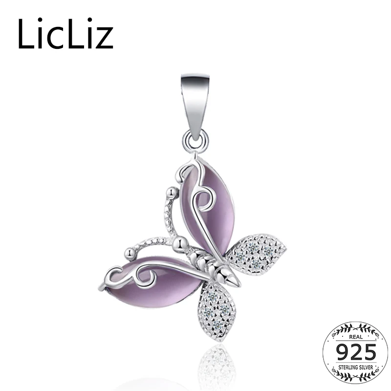 

LicLiz 925 Sterling Silver Butterfly Pendant Charms Pave CZ Charm DIY Purple Red Crystal Quartz Necklace Insect Pendants LP0243