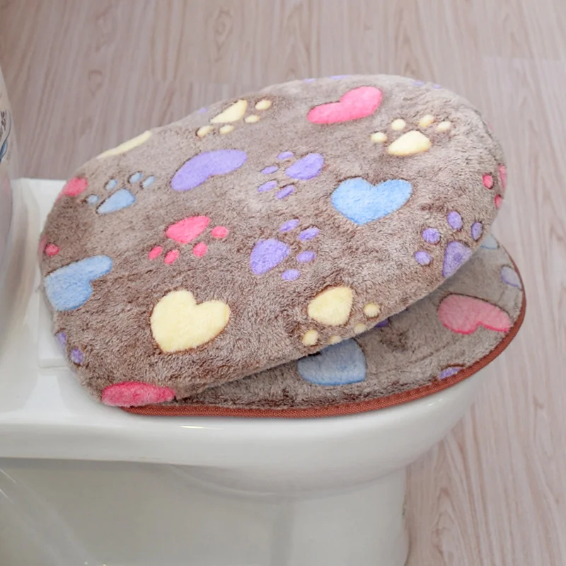 

Cute Heart Footprint Warm Toilet Seat Cover Bathroom Comfortable Coral Velvet Toilet Case Toilet Mat Cushion