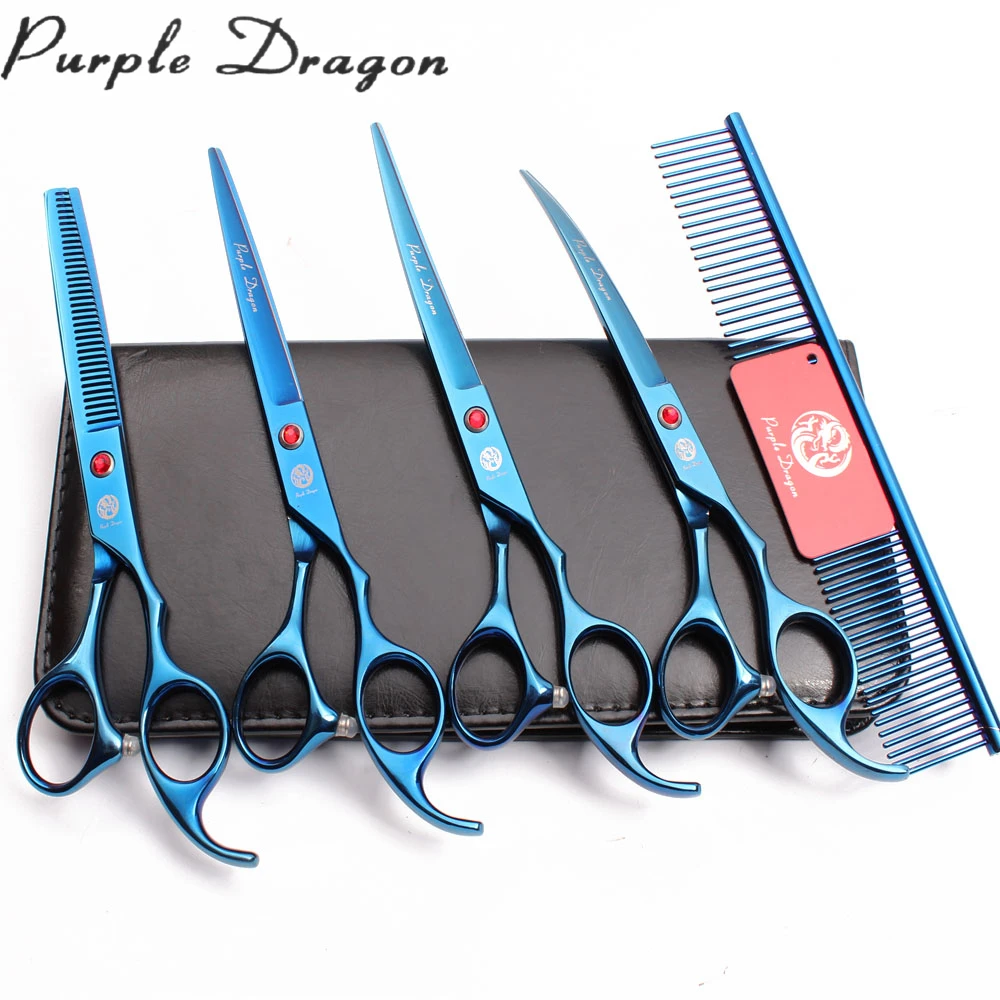 

7" JP Stainless Purple Dragon Blue Straight Scissors Thinning Shears Dog Curved Shears Grooming Scissors Kit Pets Scissors Z3003