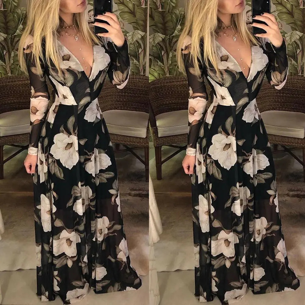Women Long Sleeve Floral Boho Long Maxi Dress Ladies Casual Dress Evening Party Beach Dress Sundress