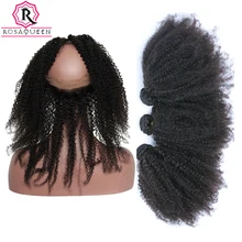 Afro Kinky Curly 360 Lace Frontal With Bundle Brazilian Hair Weave 4 Pcs 3 Human Hair Bundles Pre Plucked Remy Rosa Queen