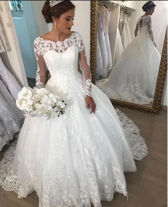 

Gorgeous Wedding Dress with Long Sleeves Keyhole Lace Up Back Lace Appliques Custom Made Bridal Gowns Robe De Mariee Vestidos
