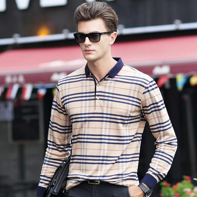 Troilus New Autumn Men Polo Shirts Plaid Long Sleeve Cool Cotton Slim