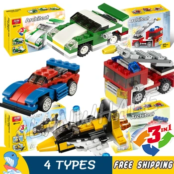 

4types 3in1 Creator Mini Fire Rescue Speeder Skyflyer Sports Car Figure Building Blocks Assemble Toys Compatible with LagoING