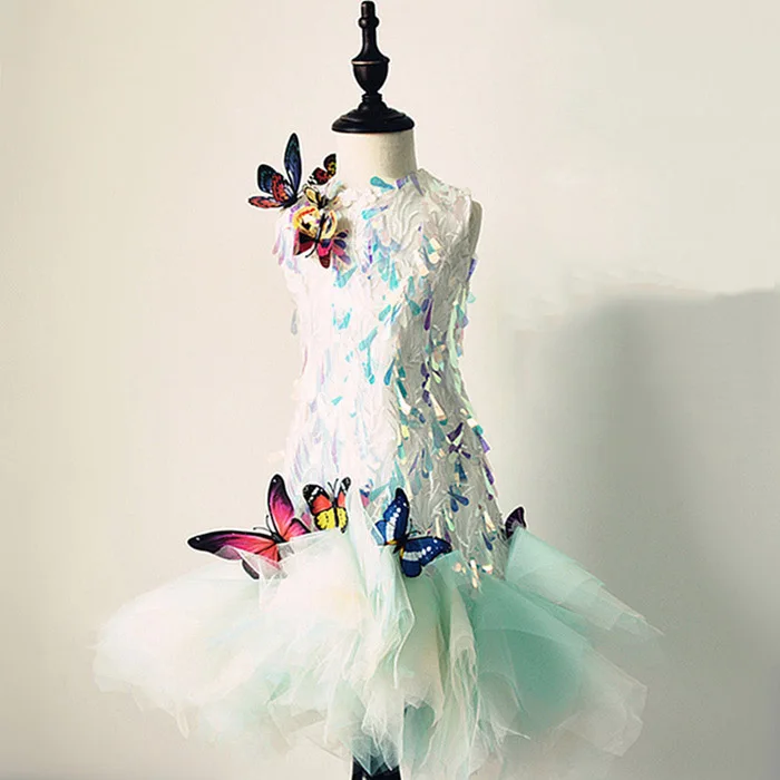 

Sequined Flower Girl Dresses Tulle Tutu Princess Prom Dress Party Cute Butterfly Kids Pageant Dress for Birthday Costume B222