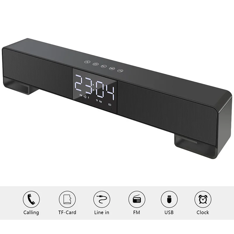 

Bluetooth Sound Bar Speaker Dual Loudspeaker Alarm-clock Handsfree Call AUX TF Wireless Home Theater Speaker Desk Clock