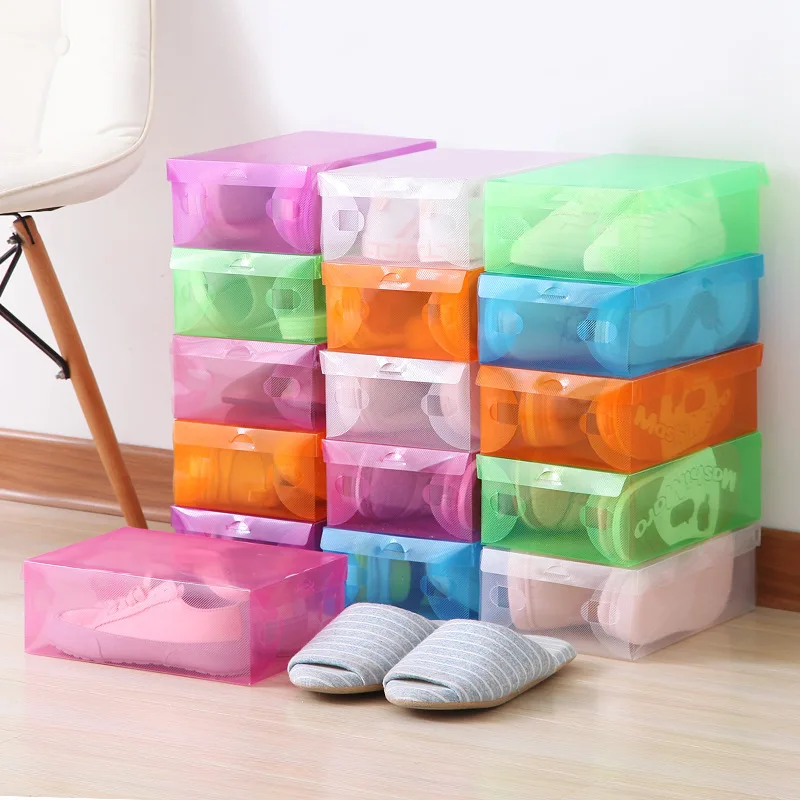 Billige 10Pcs Faltbare Kunststoff Schuh Lagerung Fall Boxen Stapelbar Veranstalter Schuh Halter baske schuhe box organizer 4 Farben
