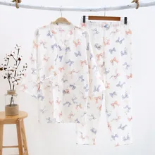 Хлопок Pijama пижама-кимоно комплект удобные Марли пижамы для женщин кимоно халат и брюки для девочек из двух частей Луки пижамный комплект юката
