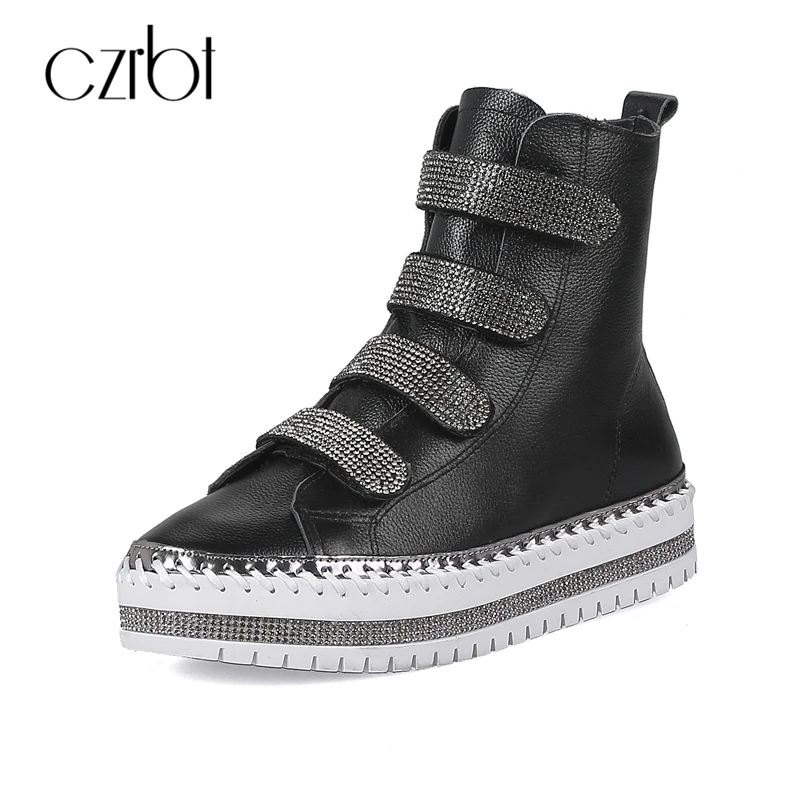 

CZRBT Genuine Leather Casual Women Boots Cow Leather Crystal Hook & Loop Flat Heel Boots College Style Antumn Winter Ankle Boots