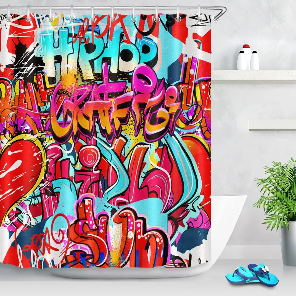 LB Funny Comic Graffiti Hip Hop Shower Curtains Abstract Waterproof