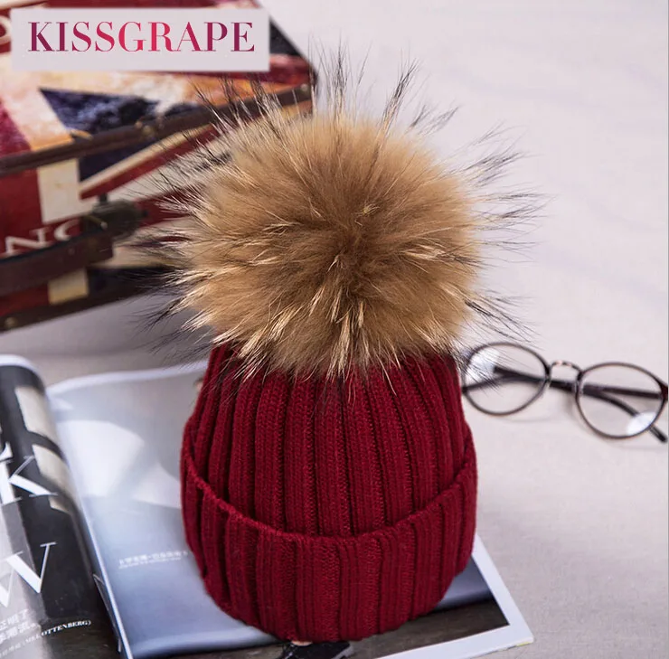 

New Autumn Winter Women's Knitted Caps with 15CM Raccoon Fur Pom pom Ball Kids Boys Girls Thick Warm Caps Hats Fur Caps Beanies