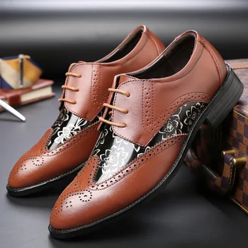 

M-anxiu Men Fashion Brogue Business Shoes Pointed Toe Patchwork Leather Shoes Lace Up Flat Shoes 2020 New