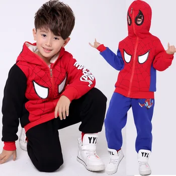 

Spider-man Children's Clothing Winter Spiderman Costume Suit Plus Velvet Padded Sweater Two-piece Superman Pullover Clothes Set