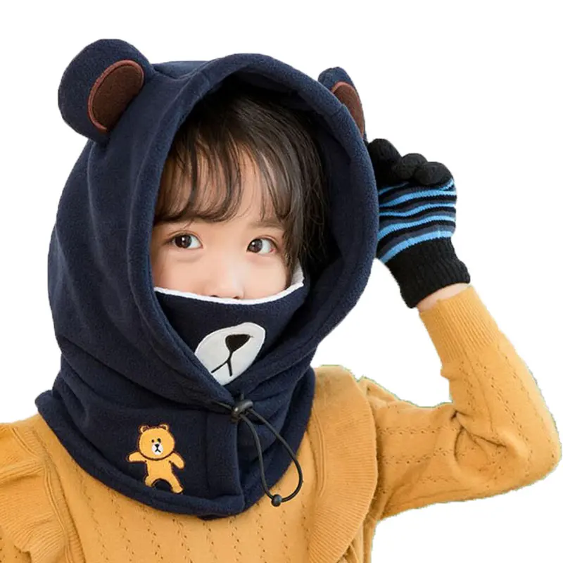 

Beanie Warm Hat Kids Children Hooded Hat Scarf Fleece Winter Adjustable Circulal Earflap Ear Cap Scarves With Cartoon Bear Mask