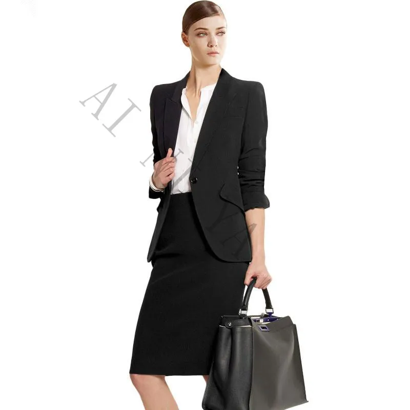 1-1 Black Women Blazer Suits Elegant With Skirt Cotton Blended Jacket+Skirt Blazer 2 Pieces Set For Women Slim Female Office Uniform