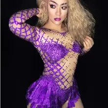 Модные, пикантные фиолетовые кристаллы с длинным рукавом тело костюм вечерние этап одежда танец для певцов в ночном клубе боди со стразами