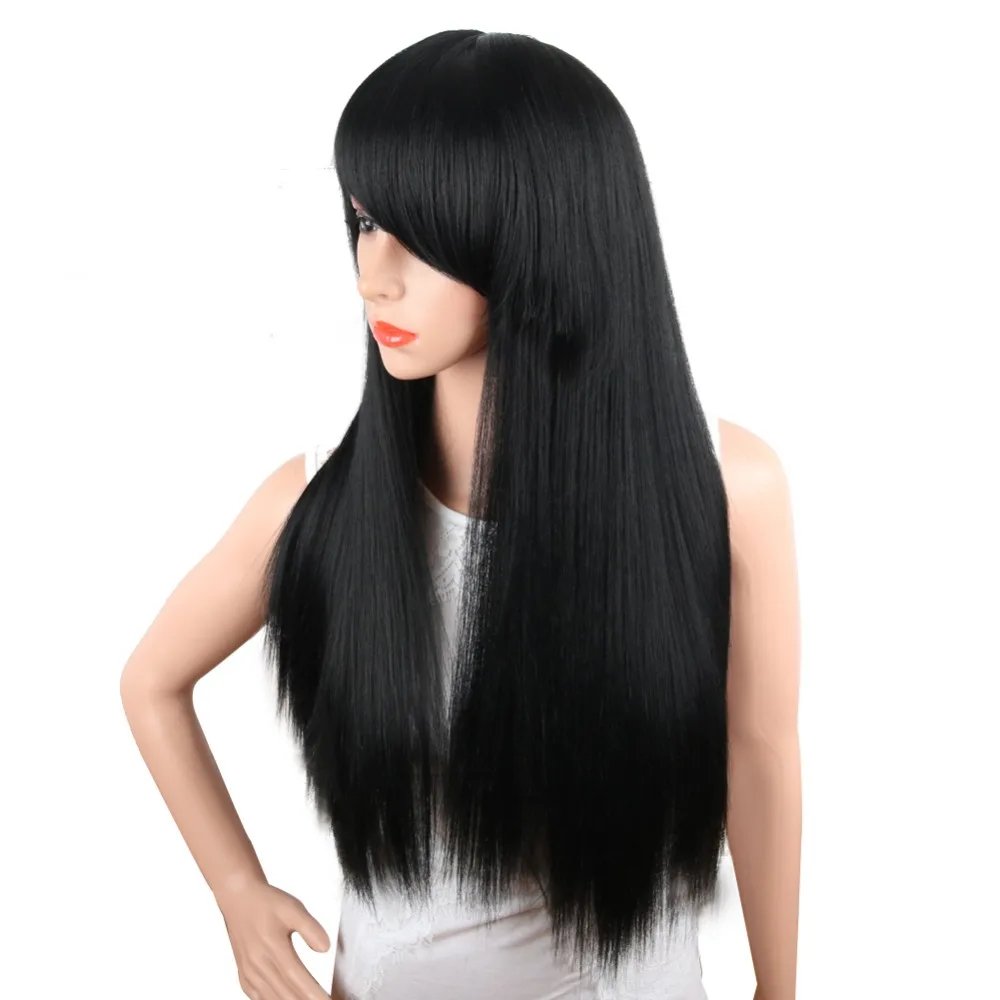 Deyngs Black Long Yaki Straight Side Wigs with Side Bangs Hairstyle Synthetic Wig for Woman Can Be Curled Wigs Heat Resistant 24Inch (5)
