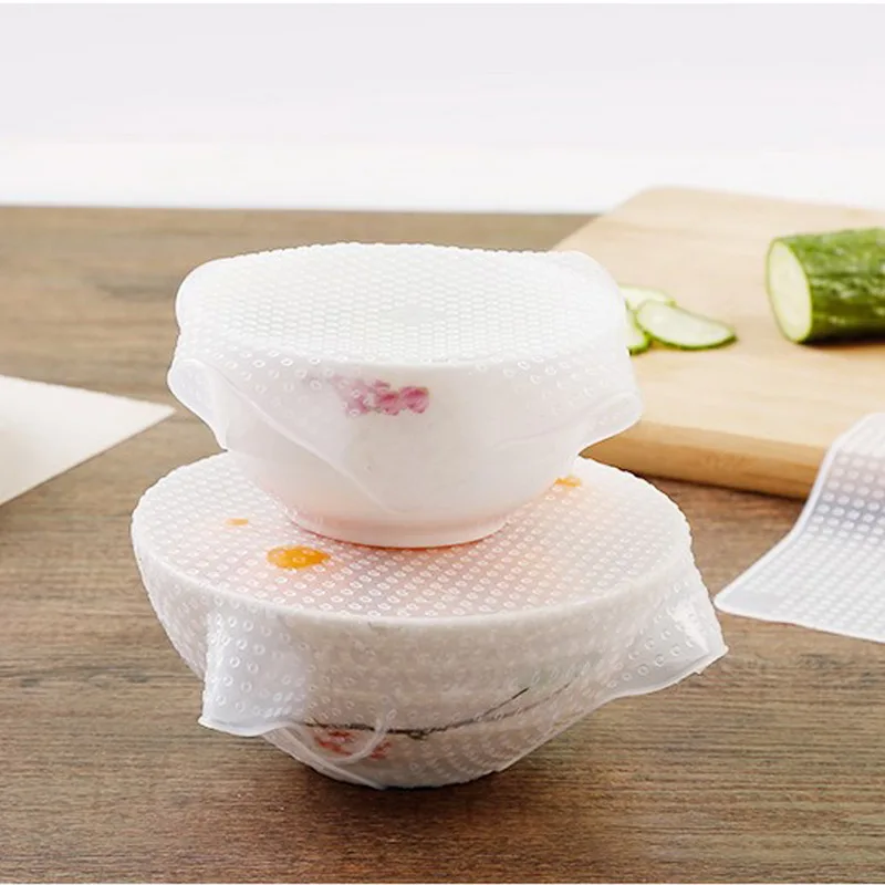

4Pcs Transparent Silicone Cling Film Food Container Fresh Keeping Wrap Food Wraps Seal Vacuum Cover Lid Stretch 7