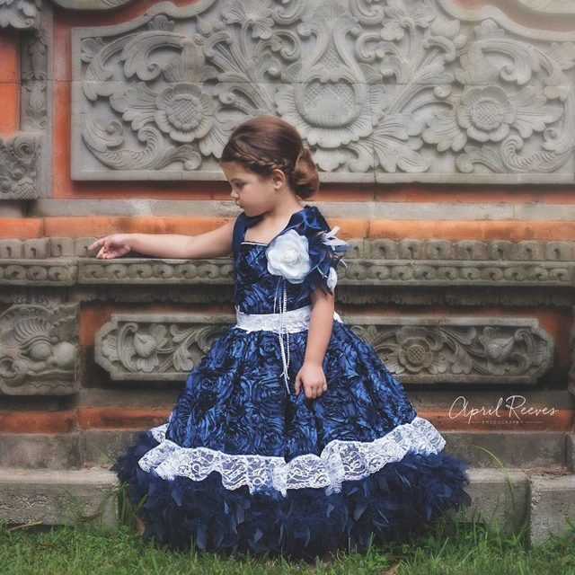 Best price at $108 Cheap Top Quality Little Princess Vestido Infantil Menina Festa Lace Hem Dark Blue Rosette Feather Pageant Prom Ball Gowns with Bow 12