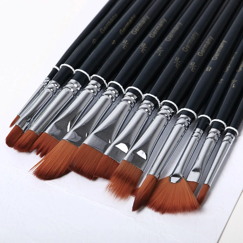 Beste Nieuwe 12 stks set Verschillende Vorm Nylon Haren Kwast Gouachewaterverf Borstel Olieverf Penseel Kunst Levert
