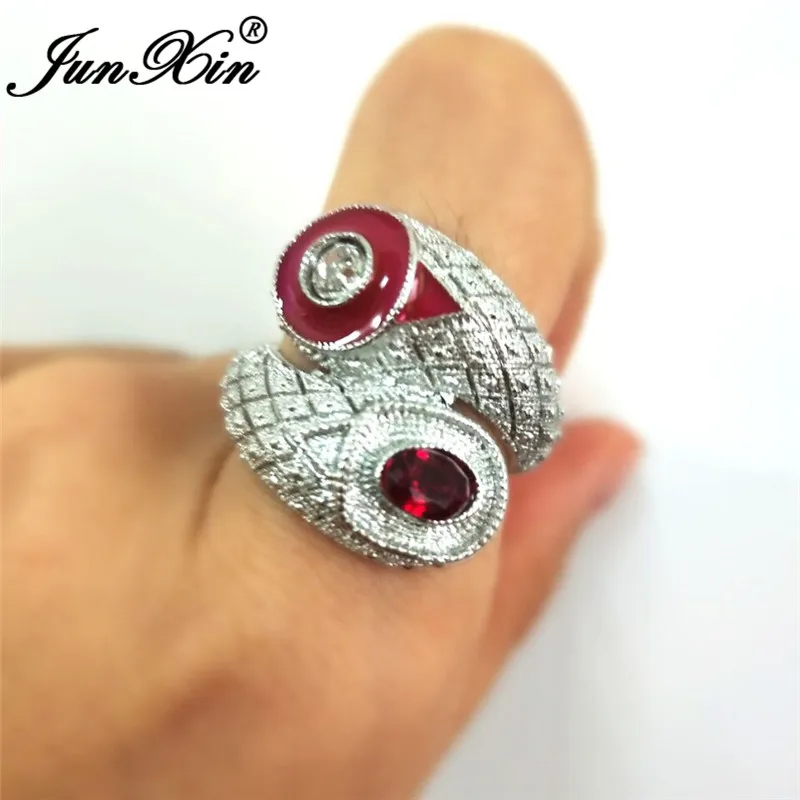 JUNXIN Luxury Red Stone Wedding Rings For Women Men Antique 925 Silver Filled Square Zircon Big Finger Ring Male Female Jewelry