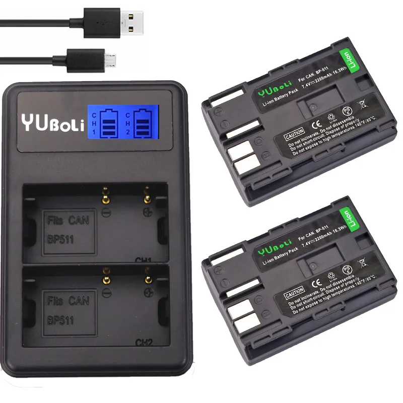 

2x 7.4v 2200mah BP-511A BP-511 BP 511 511A BP511 BP511A Battery + LCD USB Charger for Canon EOS 40D 300D 5D 20D 30D 50D camera