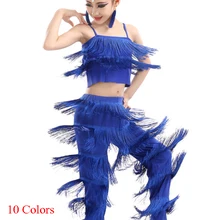 Кисточкой латинские танцевальные костюмы с бахромой для детей, латиноамериканских танцев танцевальный зал состязание штаны и футболка с длинным рукавом для девочек, ча-ча/Сальса/самбы/румбы, танцевальная одежда, штаны