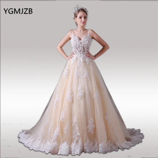 Champagne Lace Wedding Dress 2018 Princess Ball Gown Spaghetti Champagne Lace Wedding Dress 2018 Princess Ball Gown Spaghetti Straps Bride Dresses Bridal Plus Size