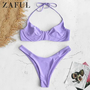 

ZAFUL Sport Solid Thong Bikinis Set Halter Push Up Bikini With Tie Side Bottoms Red Swimsuits Women Summer White Beach Swimwear