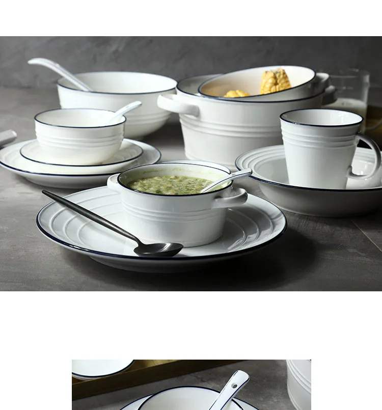 Керамическая посуда синяя линия белого цвета тарелка для посуды в скандинавском западном стиле кухонная тарелка Бытовая паста десертное блюдо суповая миска с ручкой