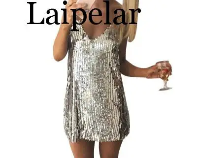 

Laipelar Deep V Neck Mini Dresses Silver Sequined Sexy Christmas Club Party Dress Women Strap sleeveless dress Summer Dress