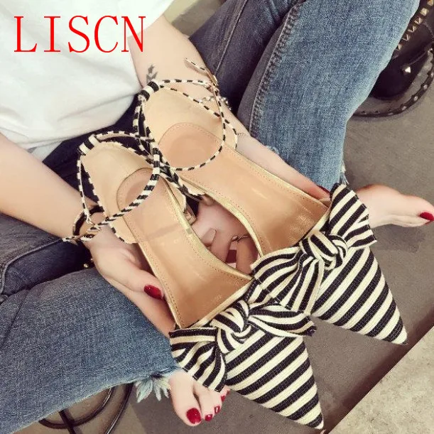 

2018 new sweet bow buckle female sandals low heel pointed shallow mouth ladies shoes spring single fashion women's shoes e180 6