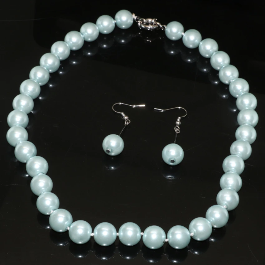 

New fashionlight sky blue simulated-pearl shell 12mm round beads necklace earrings elegant women jewelry set 18inch B2317