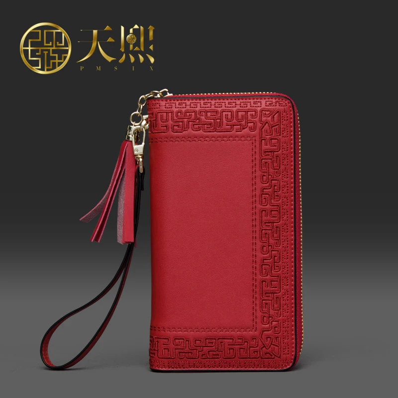  Pmsix 2016 Embroidery Cattle Split Leather Wallet Zipper Brand Long Womens Wallets Purses Black Red Ladies Clutch Wallet P420017 
