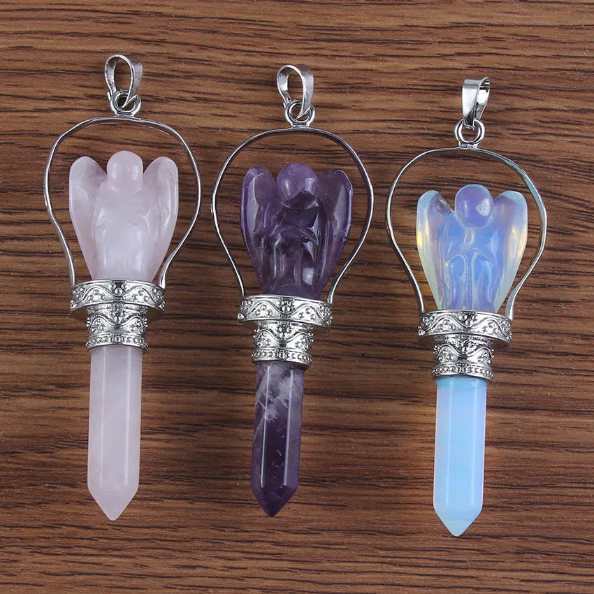 

Wholesale 10pcs Charm Natural Fluorite Angel Amethyst Rose Quartz Hexagon Wand Of Angel Stone Pendant Gift