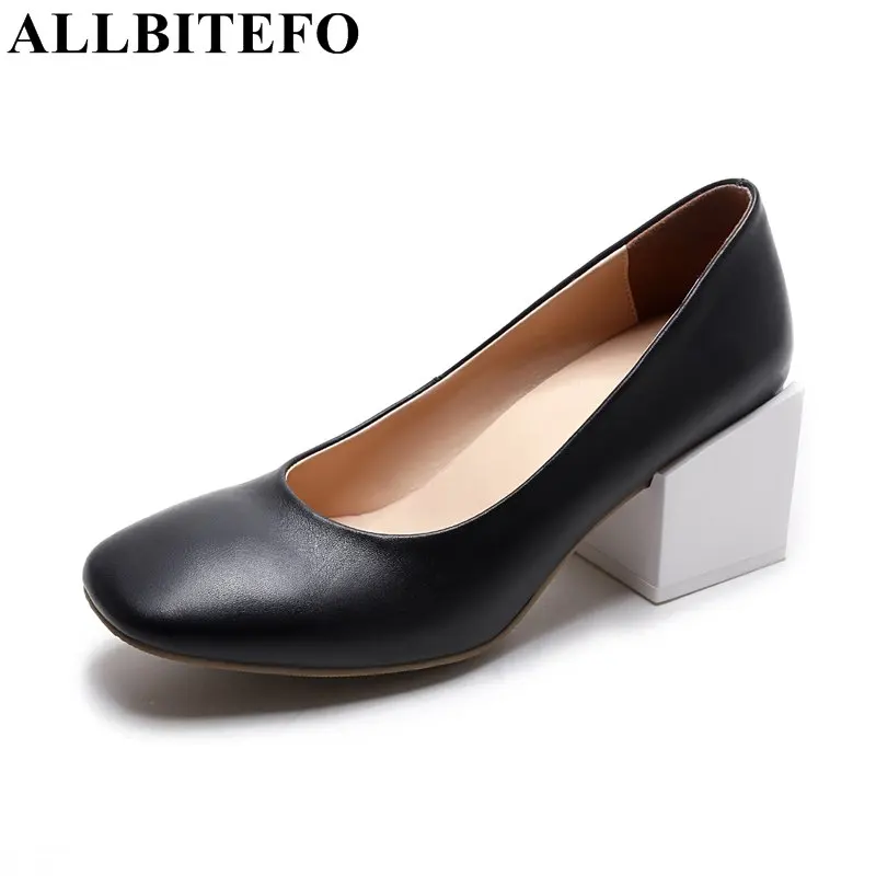 

ALLBITEFO square toe genuine leather thick heel party shoes woman fashion brand high heels women pumps ladies shoes Sra zapato
