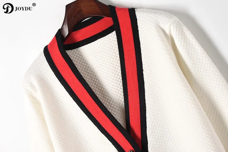 JOYDU осенний женский кардиган модный подиумный дизайн толстый v-образный Вырез Блок полоса жемчуг бисер свитер пуговицы женский джемпер