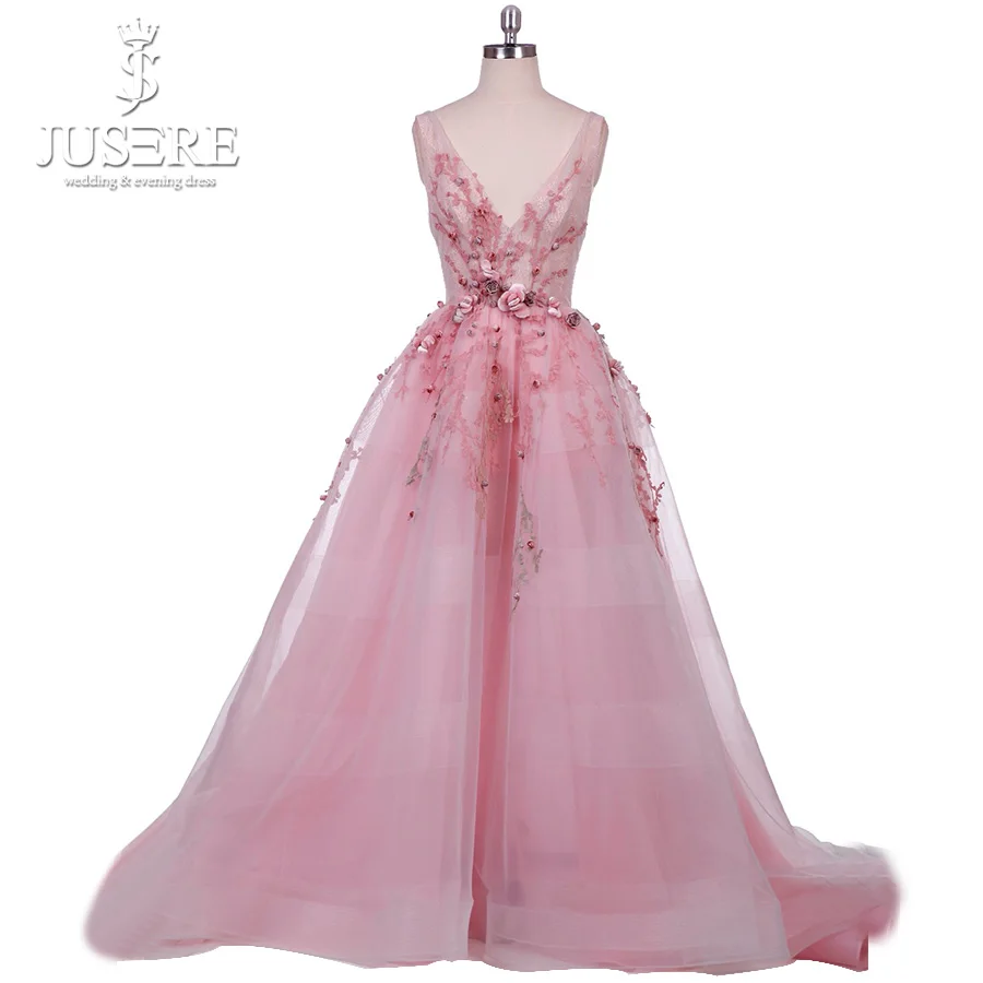 

Jusere Tank V neck Fresh A line Tulle Gown 3D Embellishments Backless Open Back Court Train Pink Evening Dress 2018