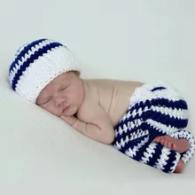 Крючком новорожденных Полосатый Матрос шляпа, с якорями Штаны детские наборы, Детские шапочки для новорожденных Подставки для фотографий хлопок