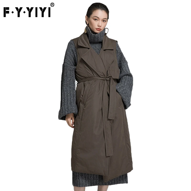 FYYIYI Sleeveless Vest Down Jacket Long Casual Lapel Coat Autumn Winter Slim Thick Jackets Fashion Adjustable Waist Pockets | Женская