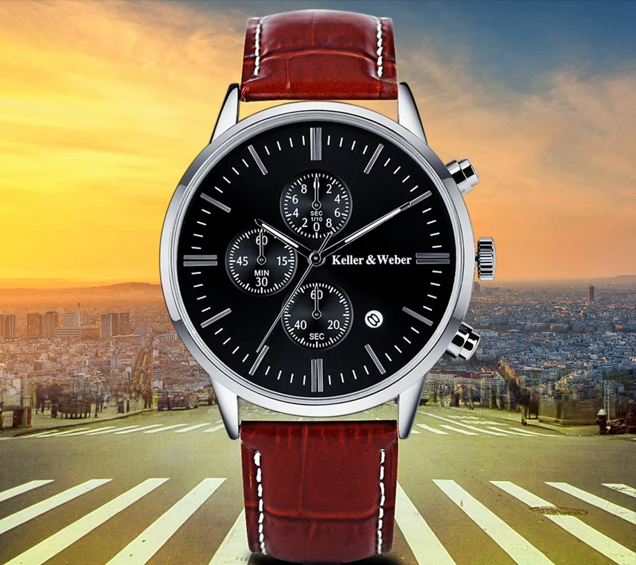 Keller & Weber Mens Watches 30m Waterproof Quartz Business Watches Date Display Genuine Leather Band Relogio Masculino Best Gift (16)