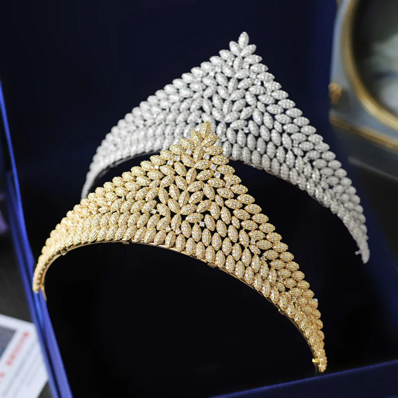 

Luxury Golden Color Zircon Tiara Crown Queen Wedding Headdress Hair Jewelry Micro Inlays Cubic Zirconia Hairband Women Headpiece