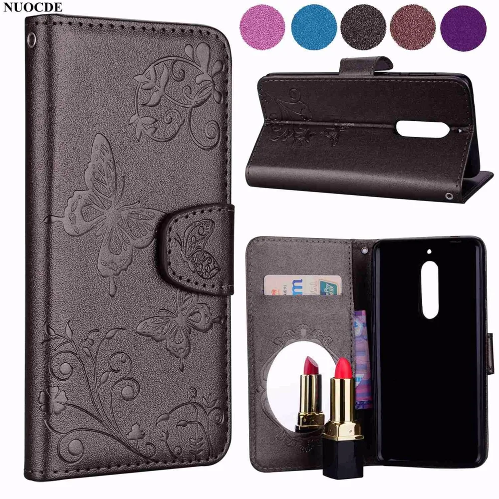 

NUOCDE For Nokia 5 Case Emboss Butterfly Flip Leather Case For Nokia 5 3 8 Business Style Mirror Wallet Stand Phone Bag Cover